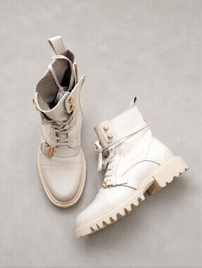 AllSaints Tori Leather Boots Womens 9 Stone Ecru White Buckle Zipper Ankle